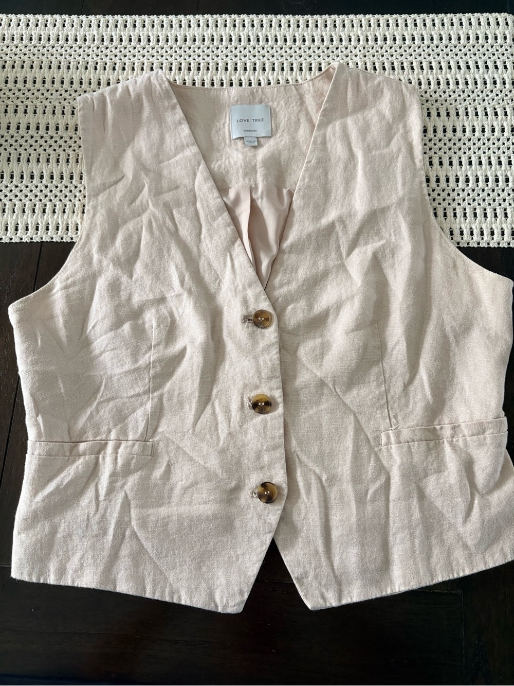 Love Tree Cream Linen-Blend Button Front Vest